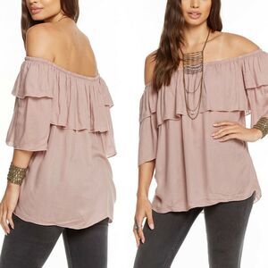 CHASER Blouse Medium Heirloom Gauze Pink Off Shoulder Elbow Sleeves Medium NEW